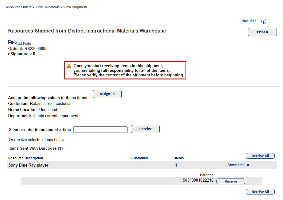 Warehouse orders receive shipment page